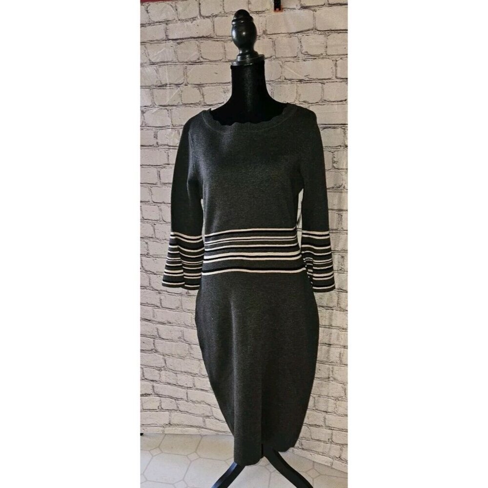 Danny and Nicole Sweater Dress Graphite Gray & Cream Size L Bell Sleeves